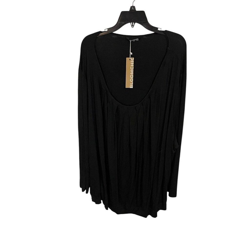 NWT Bloomchic Women's US 30 Long Sleeve Black Pleated Blouse Scoop Neck Tunic